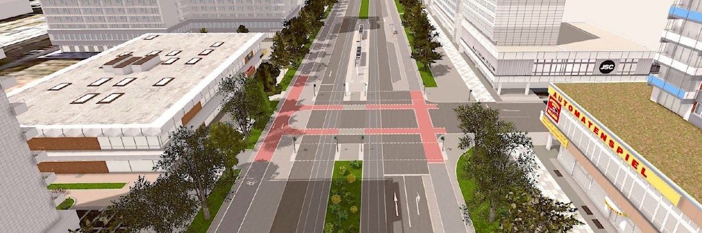 Die Simulation zeigt, wie der breite Teil der Leipziger Straße umgestaltet werden könnte. Autos bekommen weniger Platz.