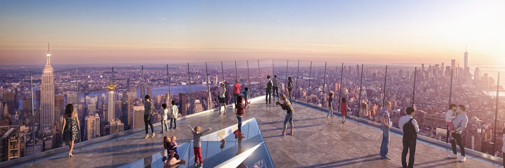Das computergenerierte Bild zeigt die neue spitz zulaufende, gläserne Aussichtsplattform „The Edge“.