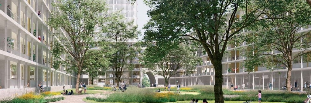 Grüne Innenhöfe sollen das neue Quartier prägen. Hochhäuser markieren die Eckpunkte.