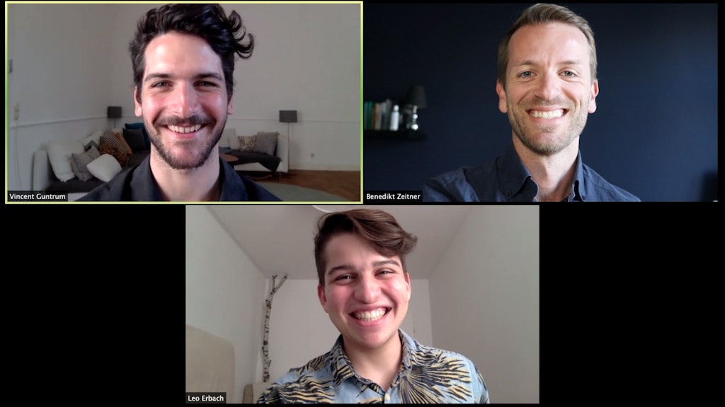 Die Macher im Video-Chat: Benedikt Zeitner (r.), Vincent Guntrum (l.), Leo Erbach (unten).