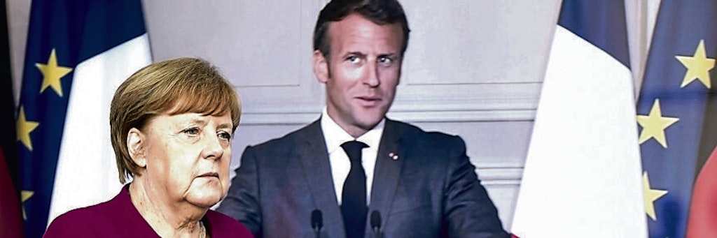 Bundeskanzlerin Angela Merkel während einer gemeinsamen Videokonferenz mit Frankreichs Präsident Emmanuel Macron.