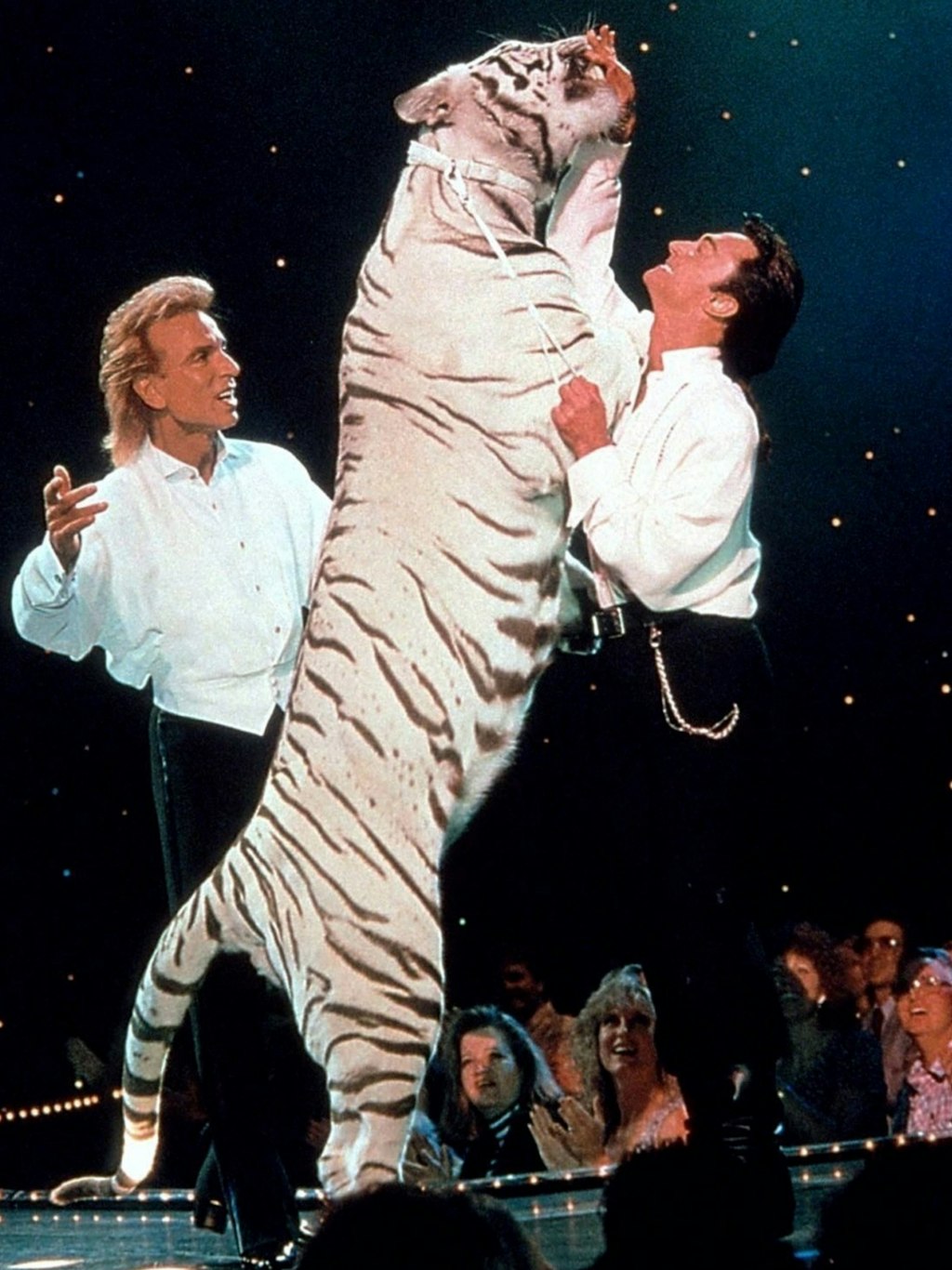 Die deutschen Magier Siegfried (l) und Roy mit einem ihrer weißen Tiger bei einem Auftritt in Las Vegas 2003. 