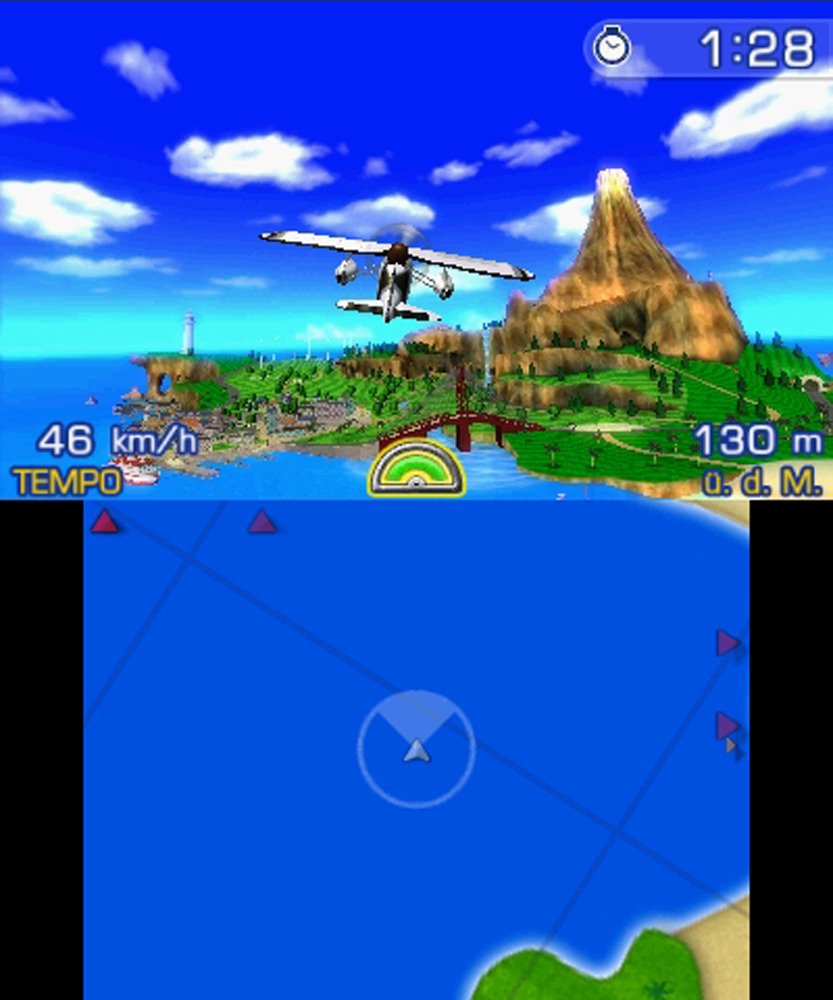 Bei „PilotWings Resort“ von Nintendo ist man mit Flugzeug und Gleiter unterwegs. Es ist eines der Spiele zum Start der neuen mobilen Konsole 3DS mit dreidimensionalen Bildern.