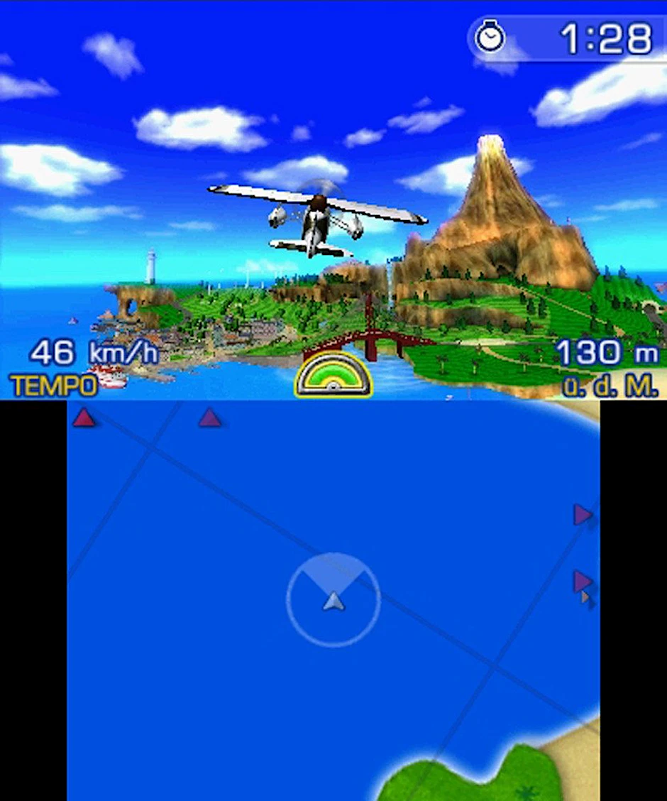 Bei „PilotWings Resort“ von Nintendo ist man mit Flugzeug und Gleiter unterwegs. Es ist eines der Spiele zum Start der neuen mobilen Konsole 3DS mit dreidimensionalen Bildern.