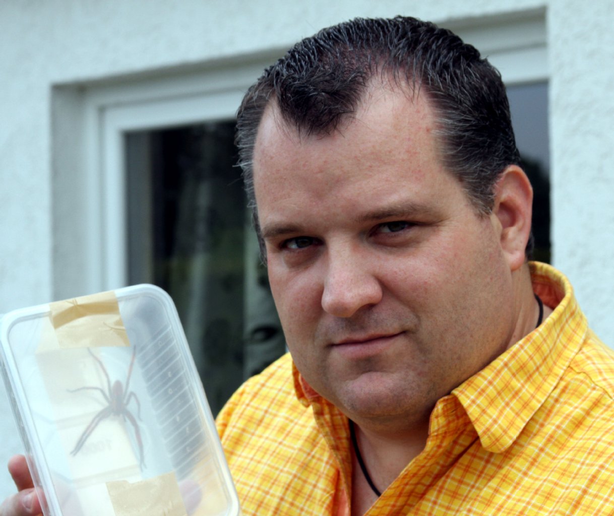 Polizist Jörg Sch. zeigt die gefangene Spinne. Das Tier saß im Supermarkt zwischen den Bananenstauden.