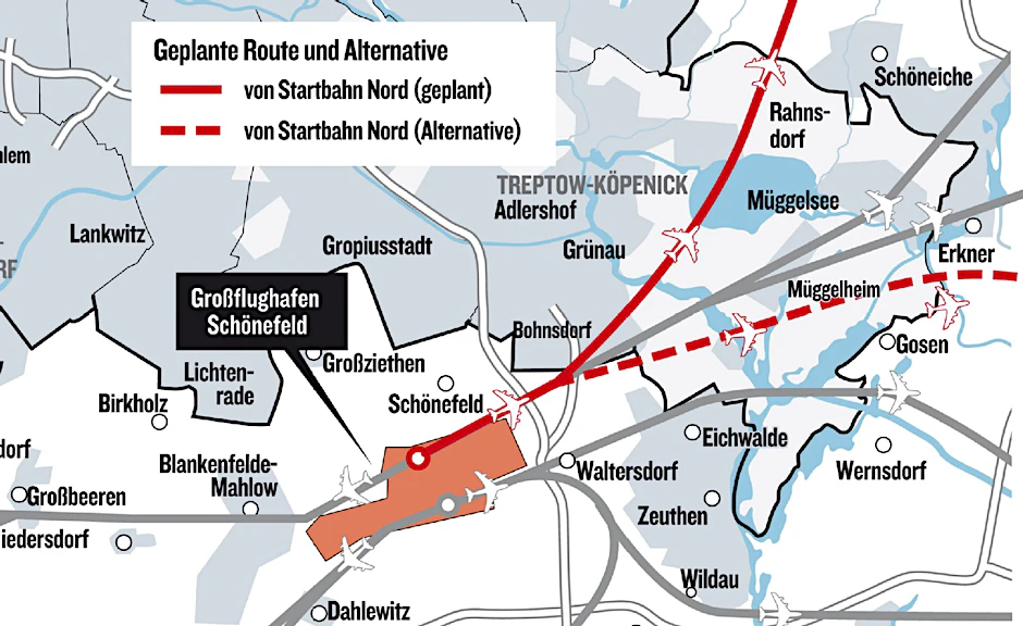 Die durchgehende rote Linie markiert die geplante Müggelsee-Route, die gestrichelte den Vorschlag der SPD. Weitere Routen sind grau markiert.