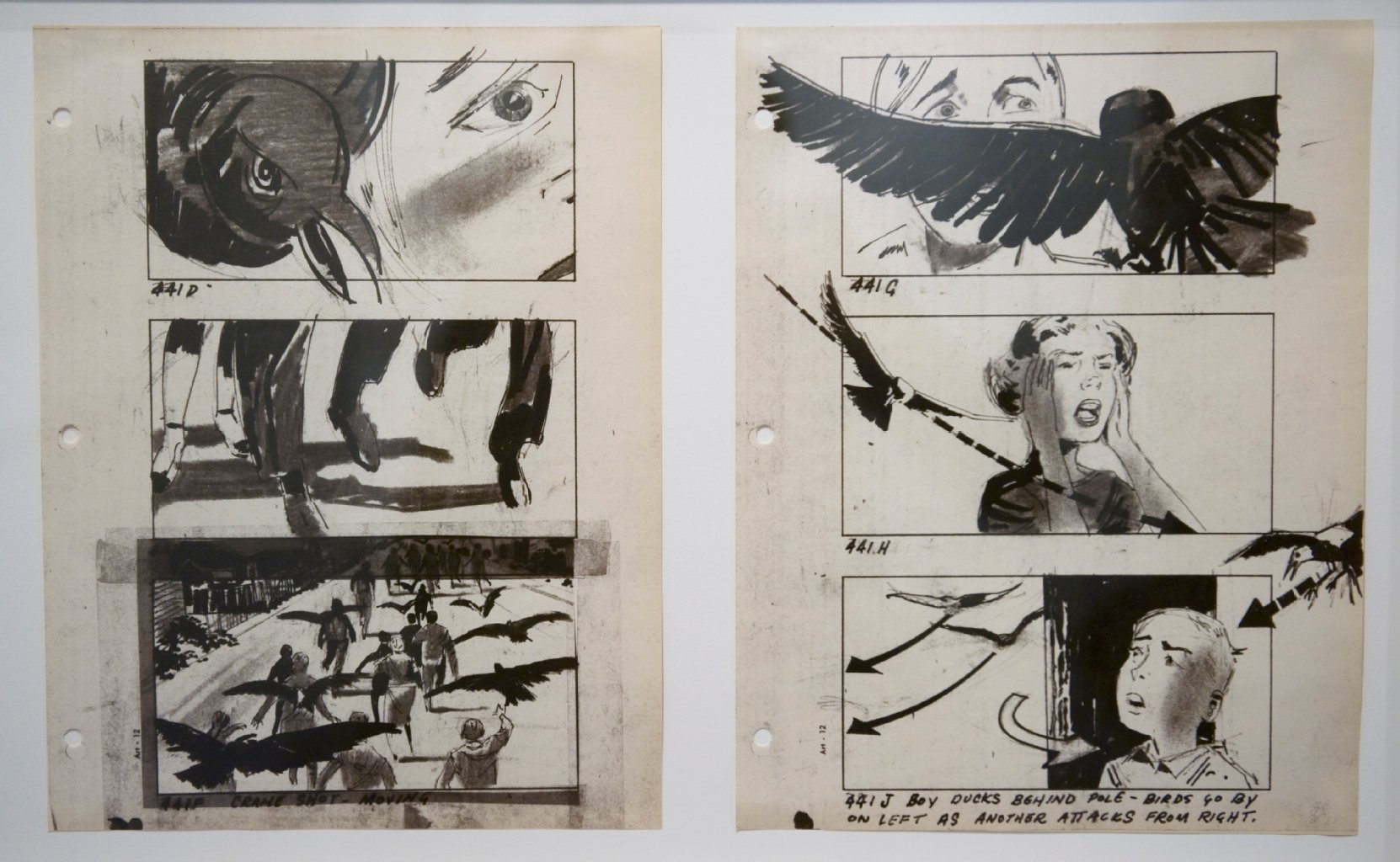 Storyboard des Films "Die Vögel" des Regisseurs Alfred Hitchcock (1899 bis 1980)