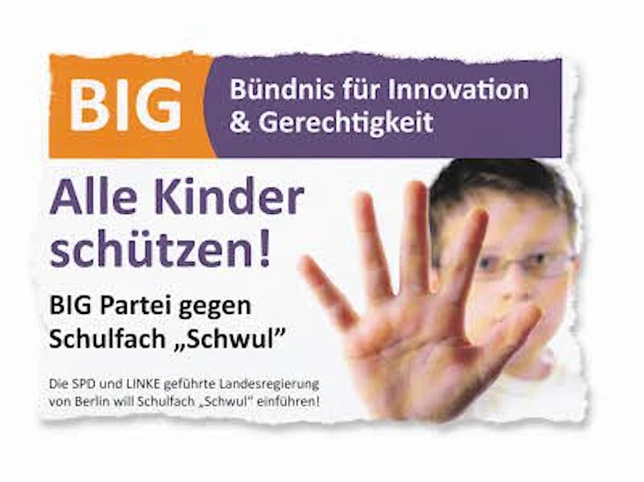 Mit diesem Flyer wirbt die BIG-Partei gegen den Aufklärungs-Unterricht.