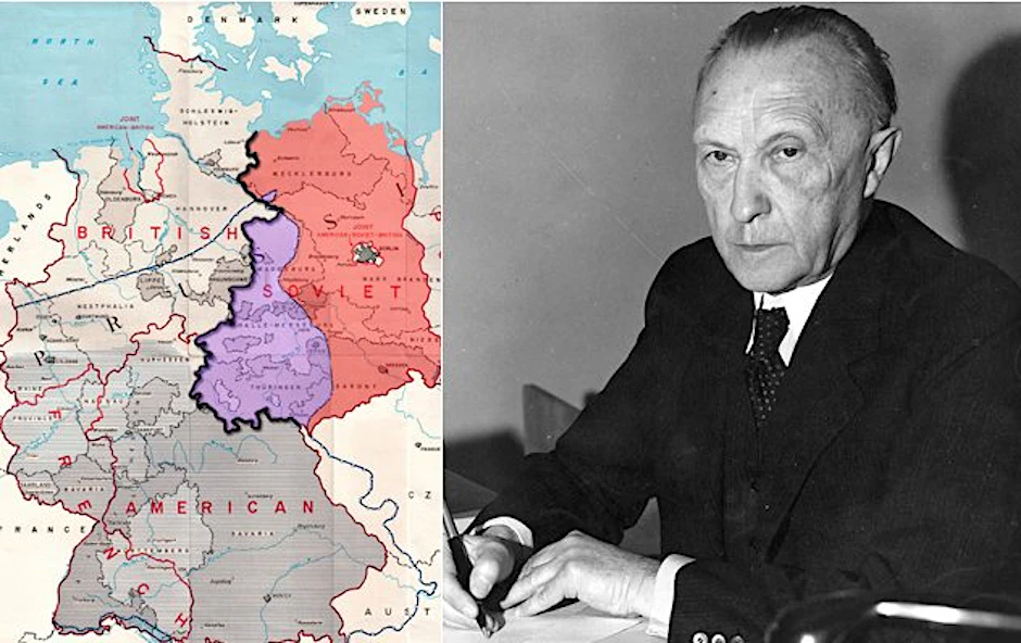 Konrad Adenauer (CDU) unterschreibt 1949 als erster gewählter Bundeskanzler Papiere auf seinem Schreibtisch. Die Karte zeigt, welche Gebiete die Alliierten 1945 besetzt hielten.