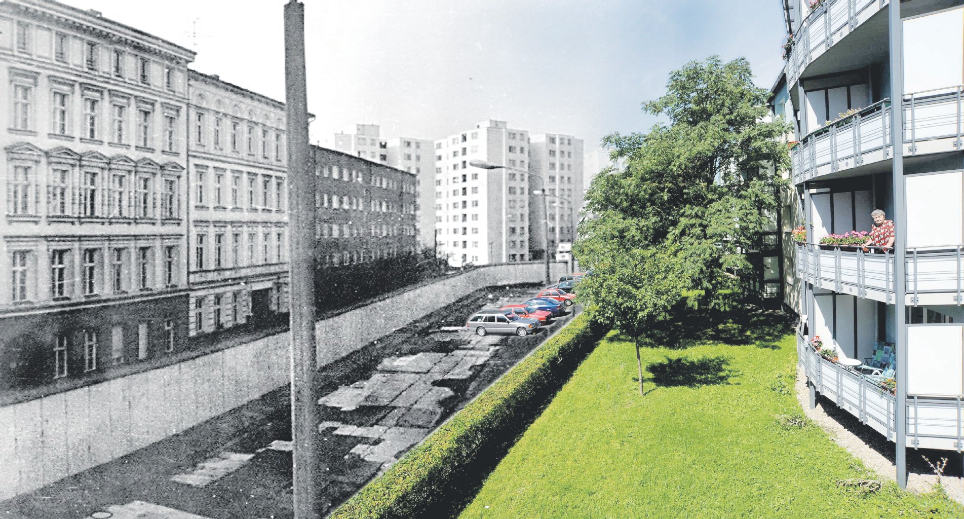In Schwarz-Weiß: die Sebastianstraße auf der Westseite der Mauer im Jahre 1988. In Farbe: Ingeborg Skiba schaut 2011 von ihrem Balkon im Osten auf die Sebastianstraße.
