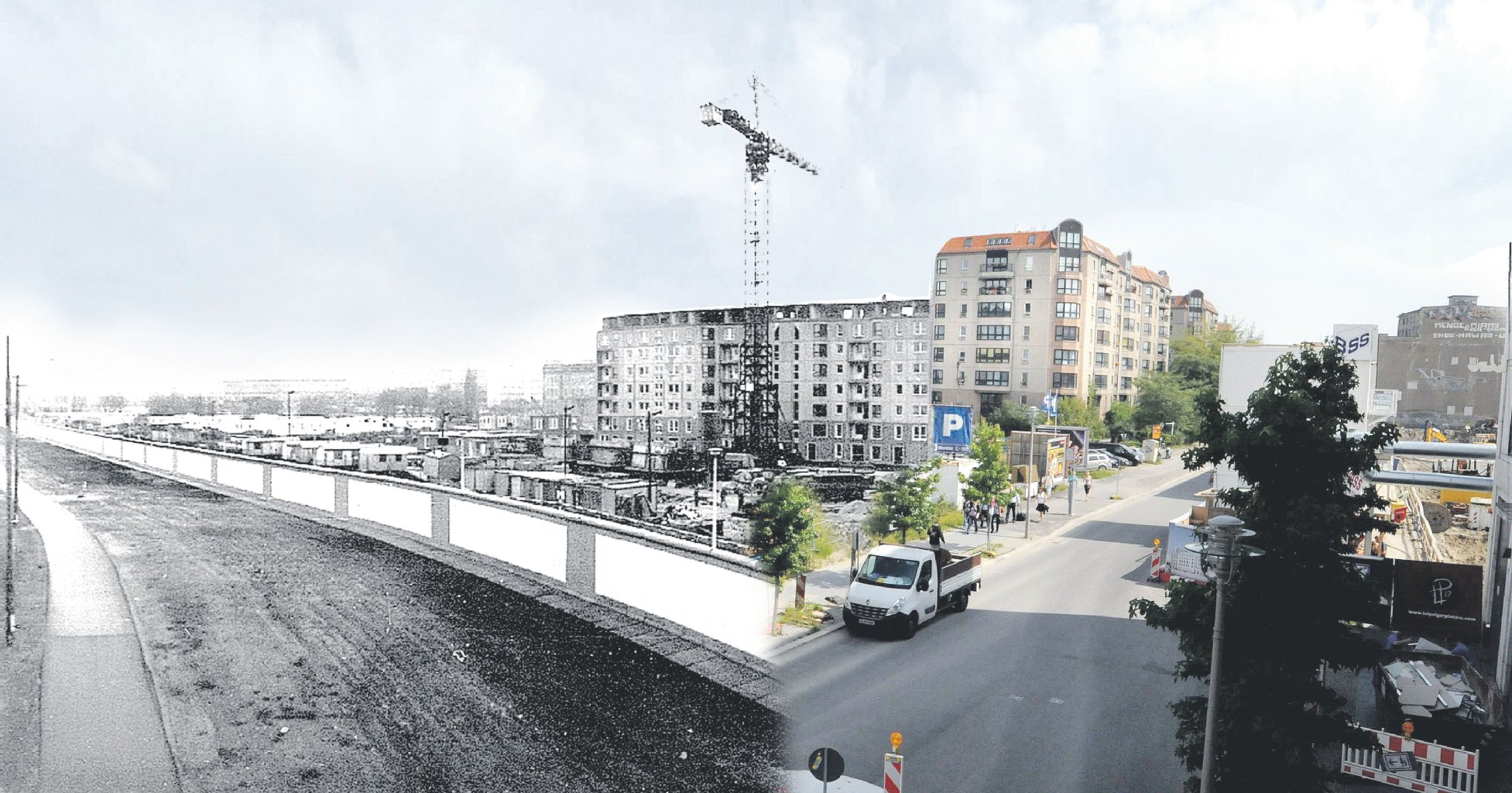 Die Platte an der Ecke Voßstraße/Wilhelmstraße wurde 1988 errichtet. Der KURIER-Grafiker ließ Heute und Damals in einem Foto verschmelzen.