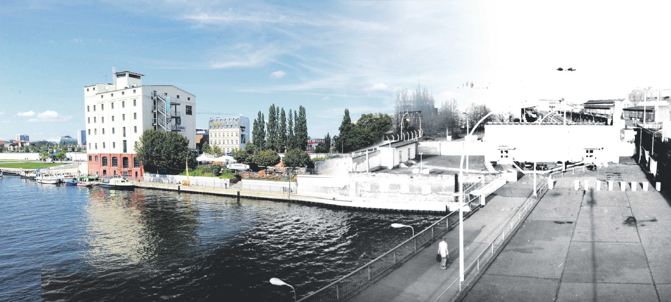 Der „verschmolzene“ Blick von der Oberbaumbrücke auf das Ost-Ufer. Rechts die alten Grenzanlagen, links der nach der Wende sanierte Speicher.