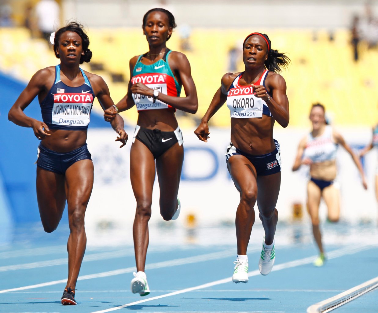 Alysia Johnson Montano (USA), Janeth Jepkosgei Busienei (Kenya) und Marilyn Okoro (Großbritannien)