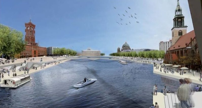 Der radikalste Entwurf des Architekten-Teams Chipperfield, Graft und Kiefer: Das Rathausforum wird geflutet und mit Uferterrassen zur Hafencity verwandelt. Als die Idee erstmals vorgestellt wurde, machte die Rede von Wowis Badewanne die Runde. Dem Regierenden und seinem damaligen Kulturstaatssekretär André Schmitz gefiel die Idee jedoch weniger.