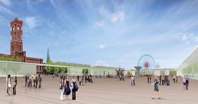 Als sogenannte „städtische Bühne“ würde sich das Rathausforum ebenfalls eignen. Die Idee: Gläserne Arkaden umringen einen befestigten Platz, auf dem Veranstaltungen vom Konzert bis zur Modenschau stattfinden. Auch wenn im Hintergrund ein buntes Riesenrad zu sehen ist, soll die städtische Bühne nur ausnahmsweise für kommerzielle Zwecke offenstehen.