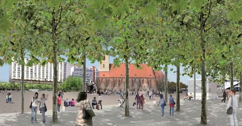 Entlang der Karl-Liebknecht-Straße und der Rathausstraße erstrecken sich Baumreihen. Zwischen den Platanen lädt ein großer Platz zum Bummeln ein. So sieht es das Konzept mit dem Namen „Esplanade“ vor. Zu besonderen Anlässen könnte der offene Raum anderweitig genutzt werden – etwa an Gedenktagen oder für Straßenfeste und Demonstrationen.