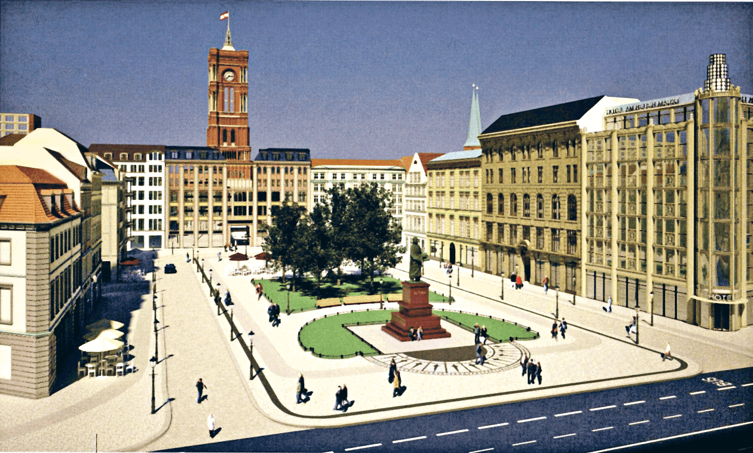 So stellt sich die Gesellschaft Historisches Berlin den Neuen Markt vor. In der Mitte soll das Luther-Denkmal stehen. Die SPD-Fraktion findet Bürger-Vorschläge zwar gut, will selbst aber einen „grün geprägten Freiraum“ mit wenig Neubau.