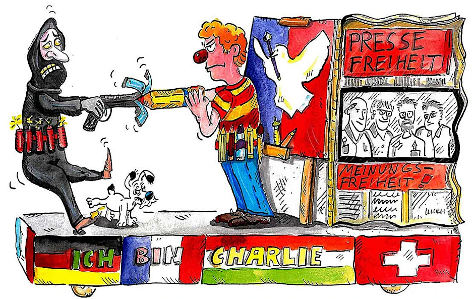 So sollte der „Charlie Hebdo“-Wagen aussehen. Zu gefährlich, meinten die Karnevals-Bosse in Köln.