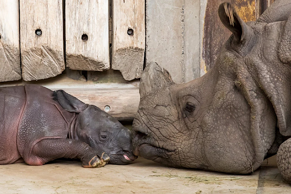 Knutsch-Attacke im Tierpark: Mama Betty stupst ihr Baby-Rhino.