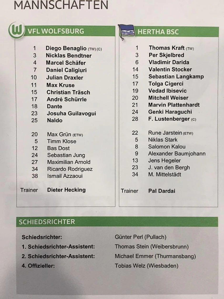 Aufstellung gegen Wolfsburg