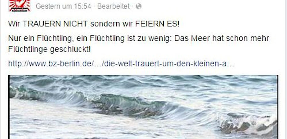 Der Mann soll das Bild des toten Aylan zusammen mit einem Link der B.Z. gepostet haben. Das Unternehmen hatte ebenfalls Anzeige wegen Volksverhetzung und gegen die Verwendung seiner Beiträge für die Hass-Seite gestellt. Der Beitrag wurde mittlerweile von Facebook entfernt.