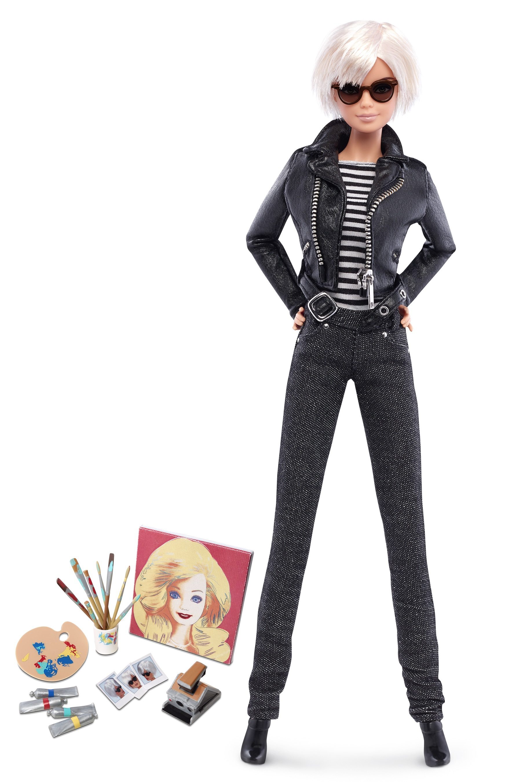 Die Barbie trägt eine Perücke, die an Popart-Künstler Andy Warhol erinnert.