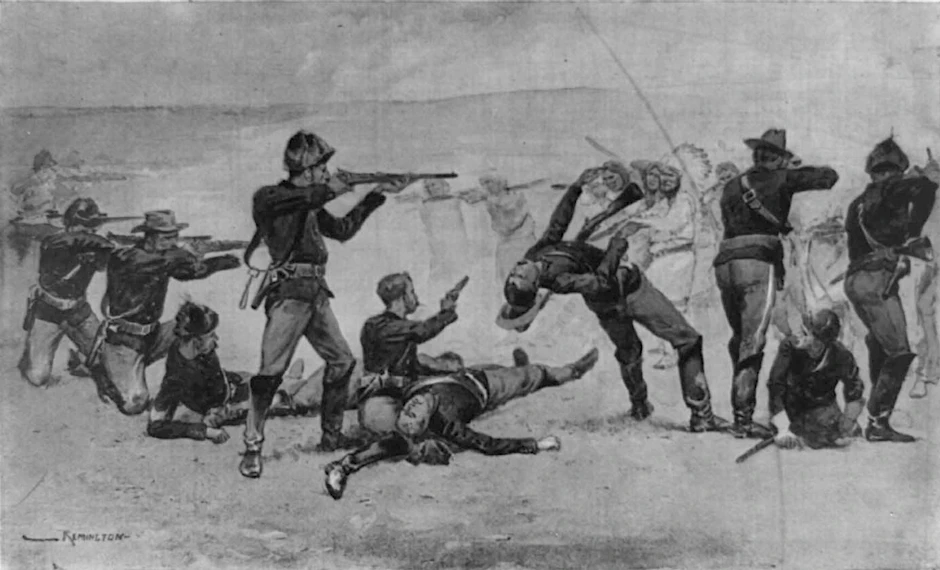 Soldaten der 7. US Kavallerie eröffnen das Feuer auf die Lakota, der Beginn des Massakers am Wounded Knee Creek.