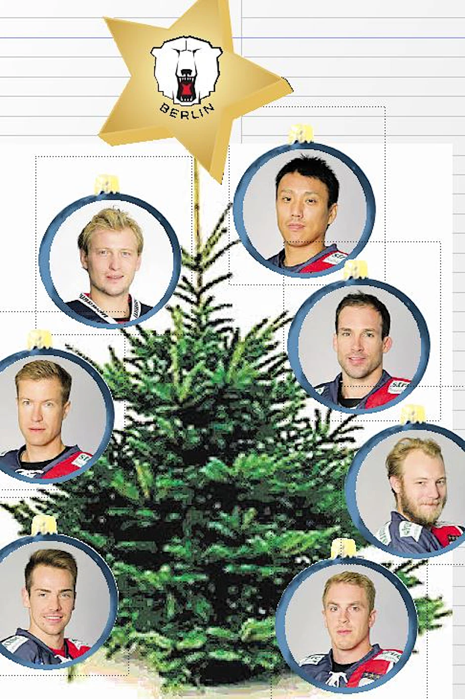 Die Eisbären Marcel Noebels, Petri Vehanen, Frank Hoerdler, Shuhei Kuij, Darin Olver, Florian Busch und TJ Mulock (v.l. unten im Uhrzeigersinn) haben sich für die Feiertage mit ihren Familien ganz viel vorgenommen.