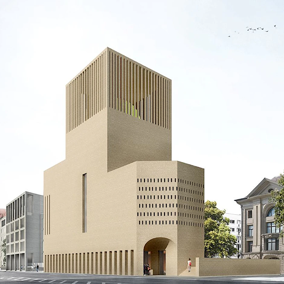 So soll das Gebäude am Petriplatz aussehen (vorn die Synagoge).