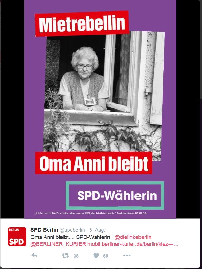 Die SPD hat das Linken-Plakat mit einer Foto-Montage parodiert. Denn Oma Anni ist in Wahrheit SPD-Wählerin!
