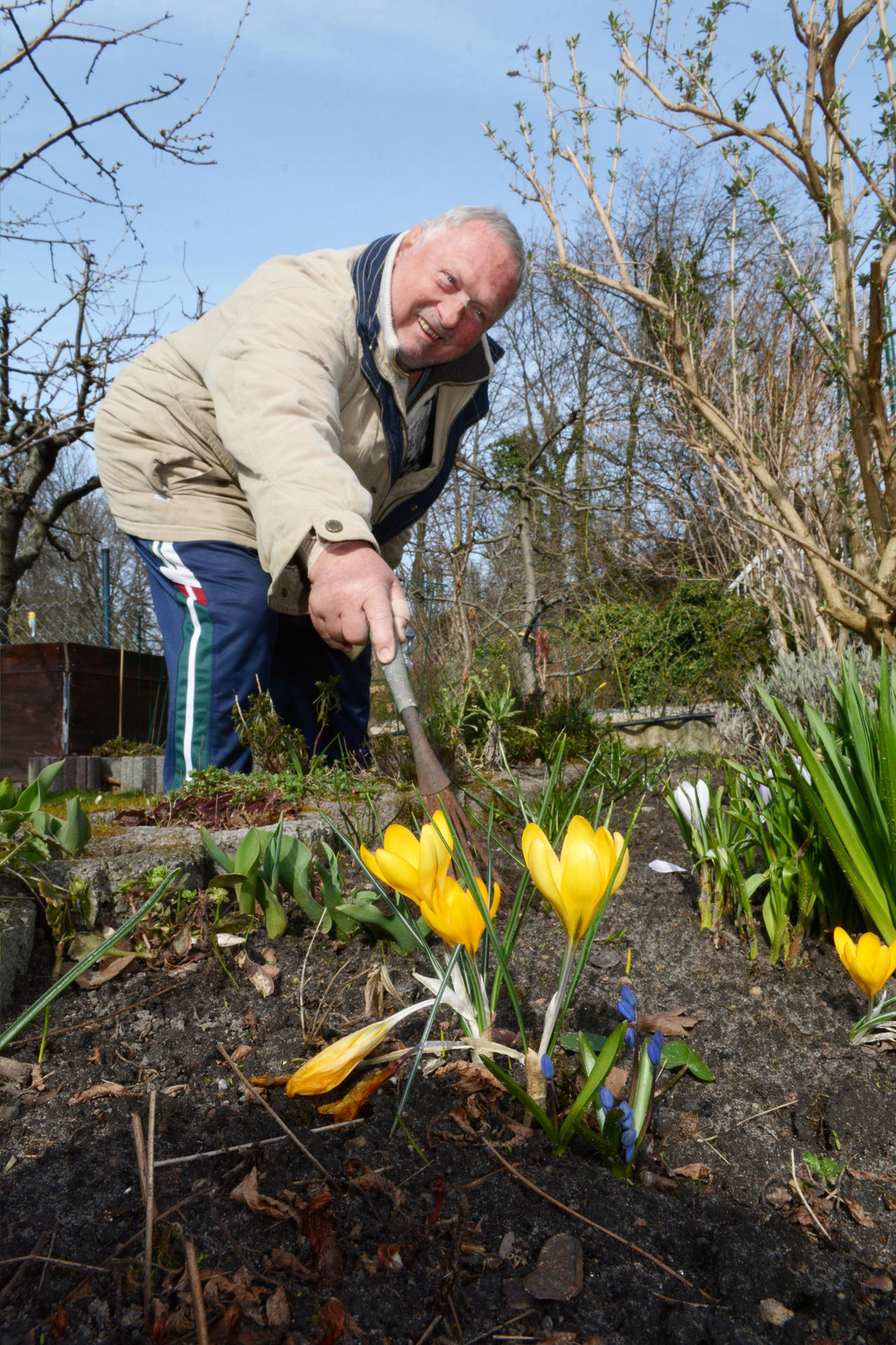 Mit dem Rechen macht Günter Grützner die Beete wieder schön.