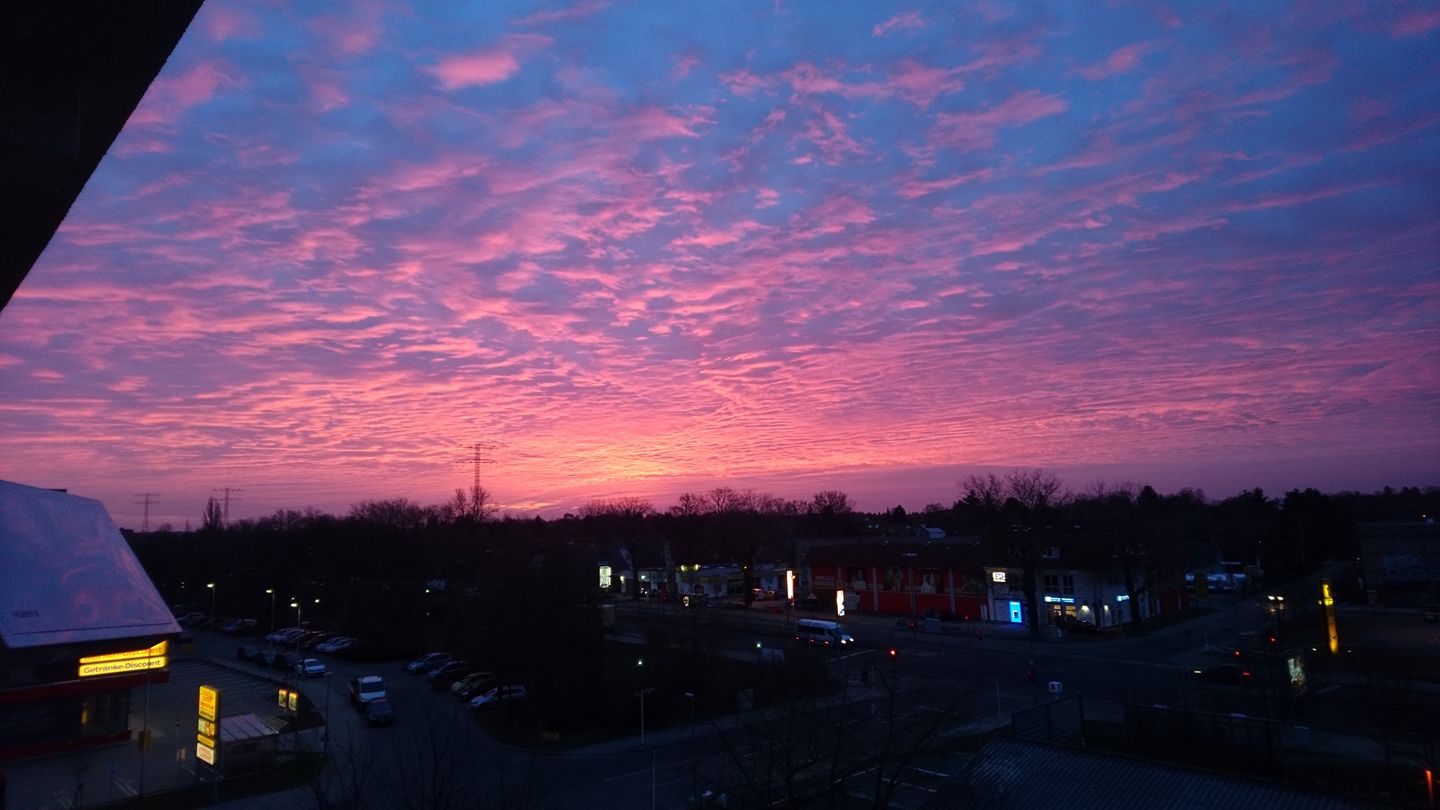Claudia H. bestaunt den Sonnenaufgang in Kaulsdorf Richtung Mahlsdorf.
