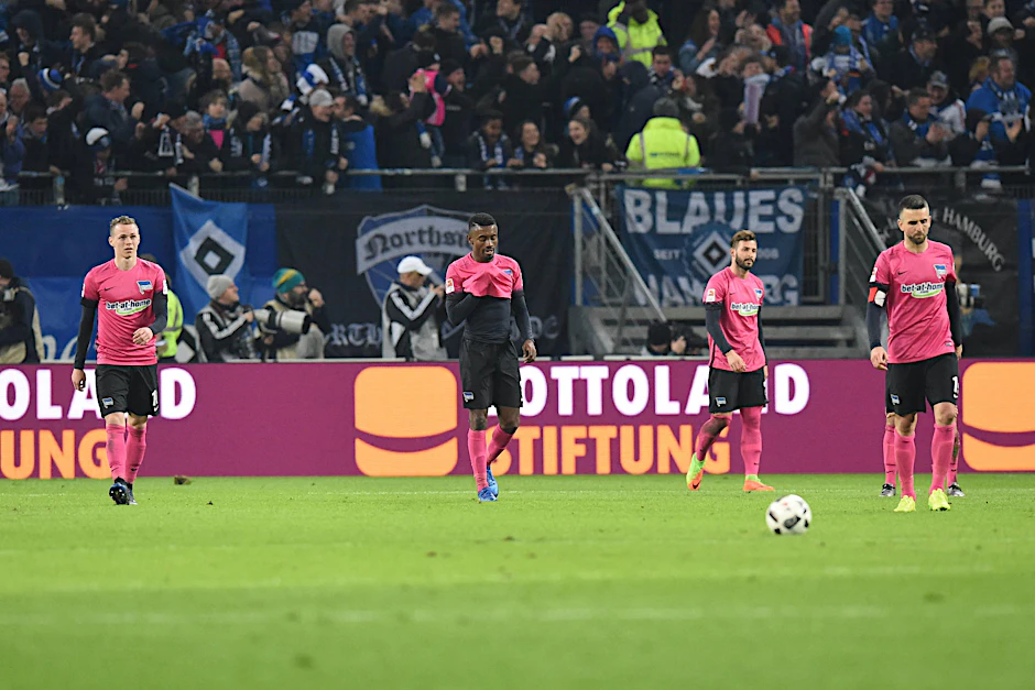 Marvin Plattenhardt (2.v.r.) ist wie Vedad Ibisevic (r) total bedient. 