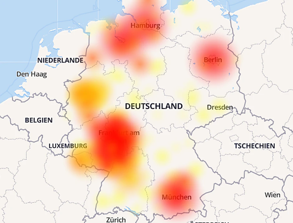 Die Störungskarte von www.allestörungen.de zeigt, wo O2-Kunden am stärksten von den Problemen betroffen sind.