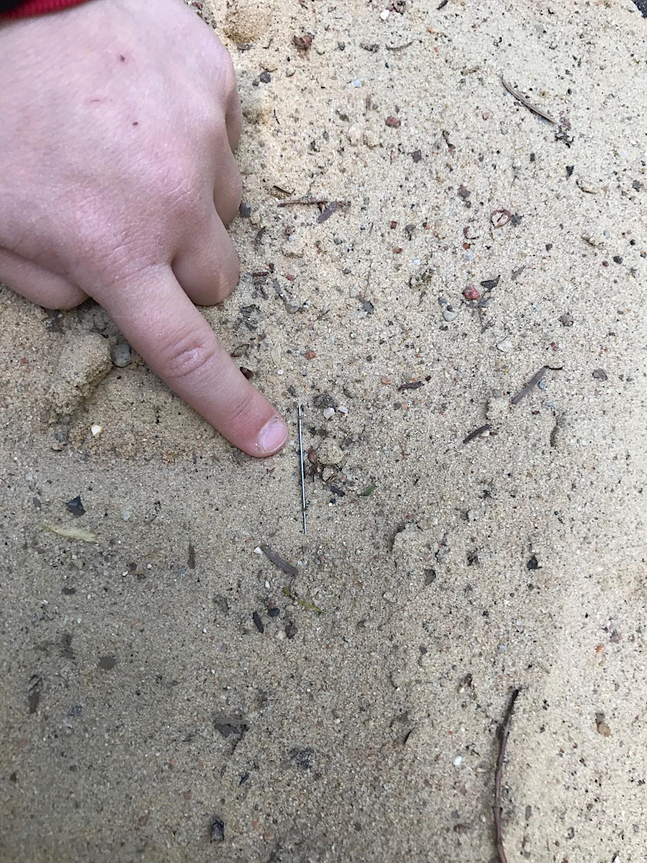Der vierjährige Jakob zeigt eine der Nadeln im Sand. 