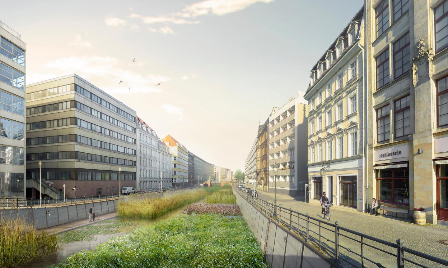 Geplantes Filterbecken: Schilf und Kiesel reinigen das Wasser der Spree.