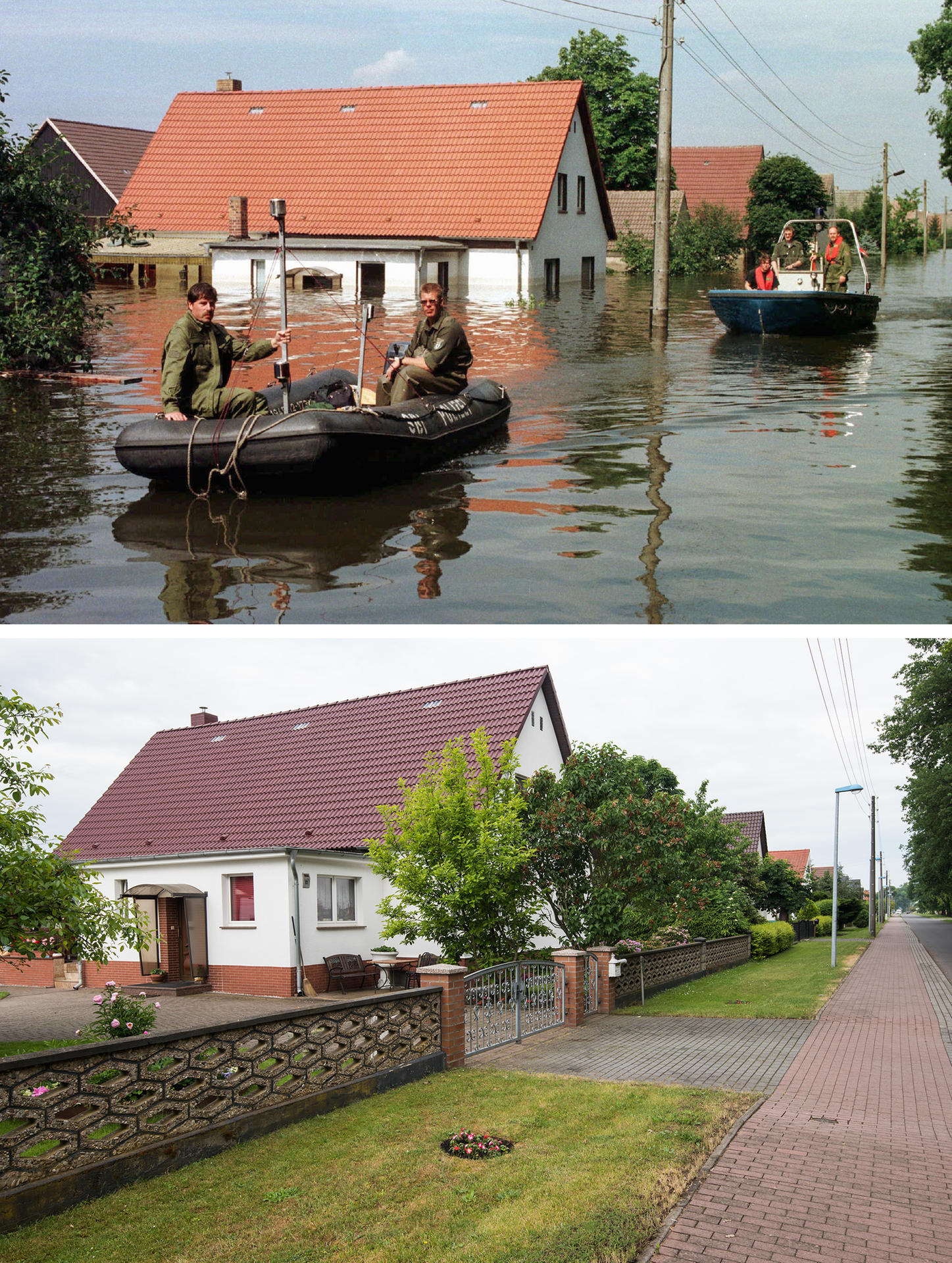 Ernst-Thälmann-Siedlung der Gemeinde Ziltendorf oben am 11.08.1997 und unten am 06.06.2017.
