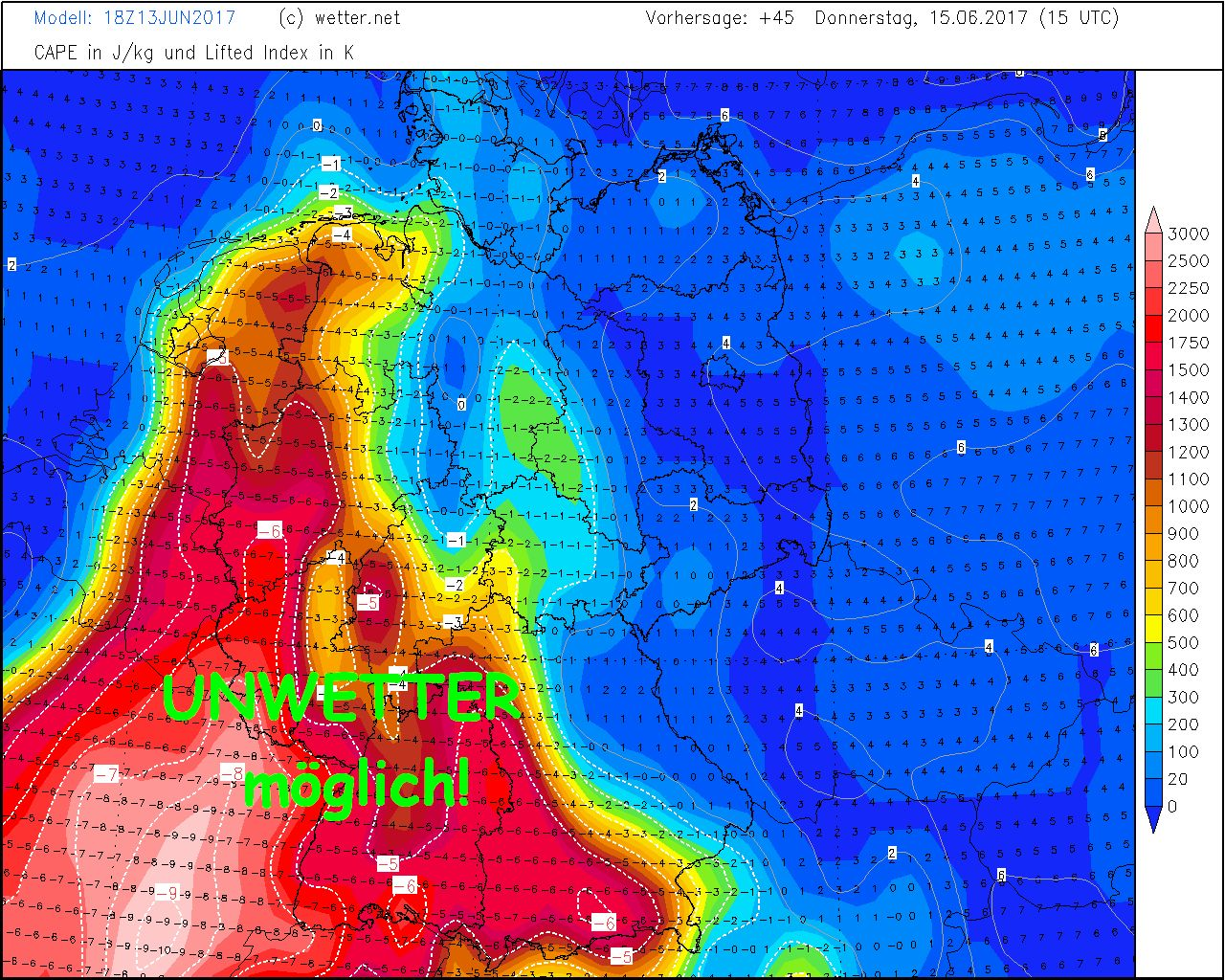 Diese Grafik zeigt, wo ab Donnerstagnachmittag Unwetter drohen. Für unsere Region sagen die Wetter-Forscher zunächst noch eitel Sonnenschein voraus.