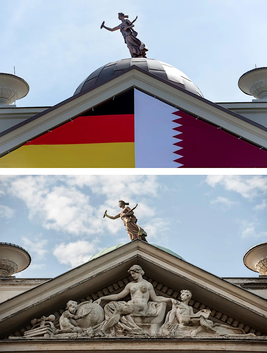 Der Giebel über dem Portal der Villa Cale wurde vom Emirat Katar aus „Sittlichkeitsgründen" verhüllt.