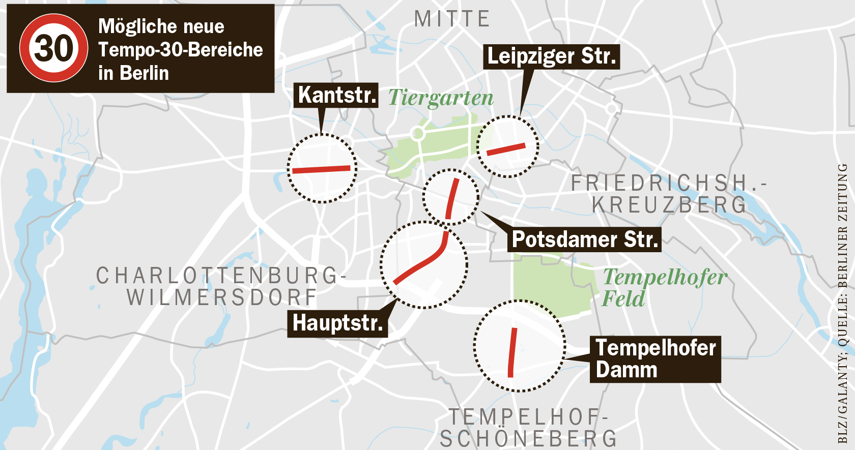Mögliche neue Tempo-30-Bereiche in Berlin.