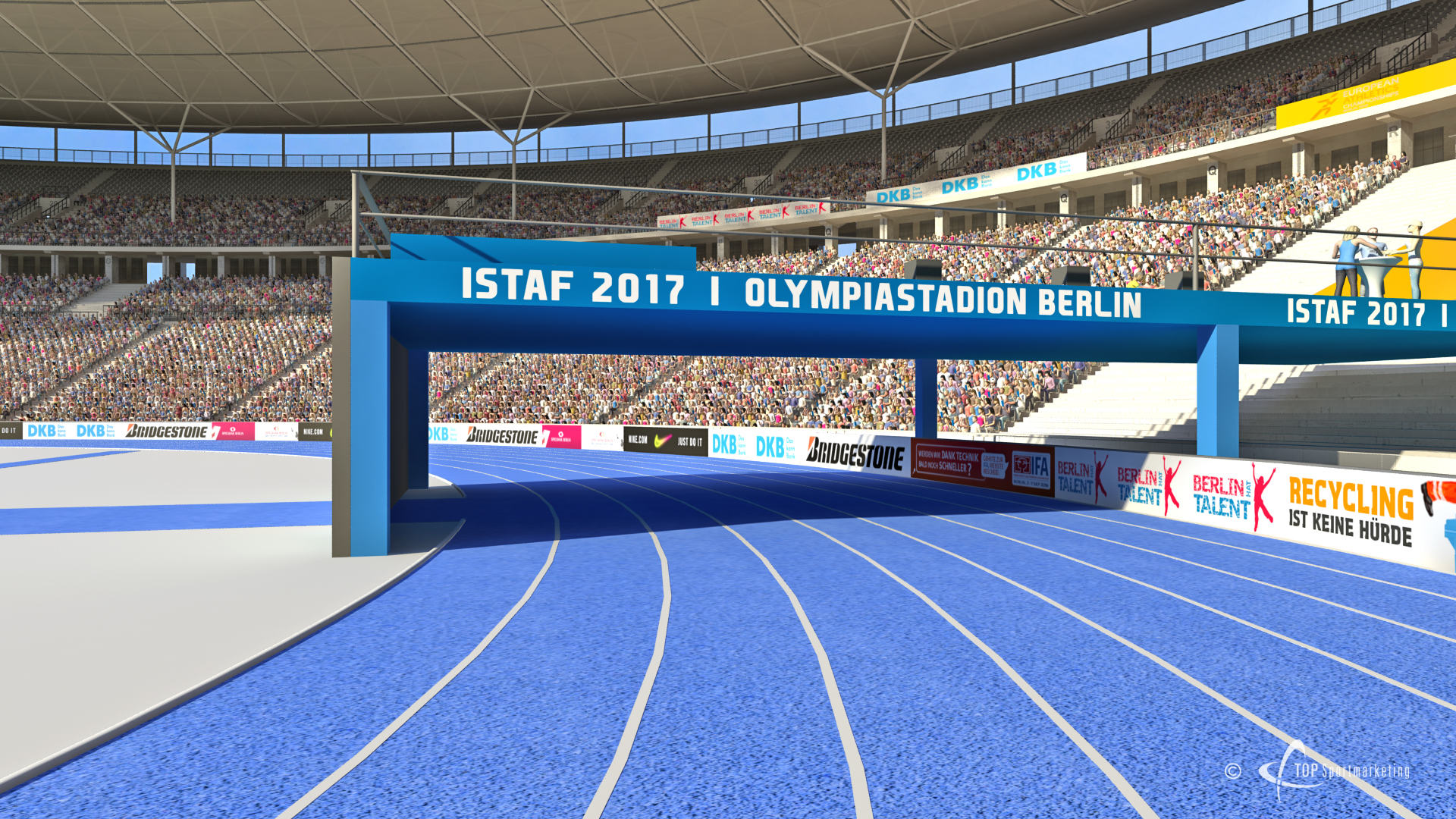 Die Athleten laufen unter der Bühne durch - wie durch einen Tunnel.