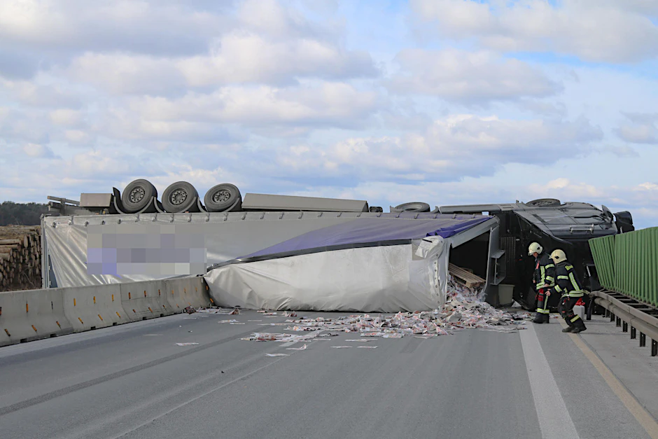 Der LKW blockierte am Vormittag sämtliche Fahrspuren in beiden Richtungen der A10.