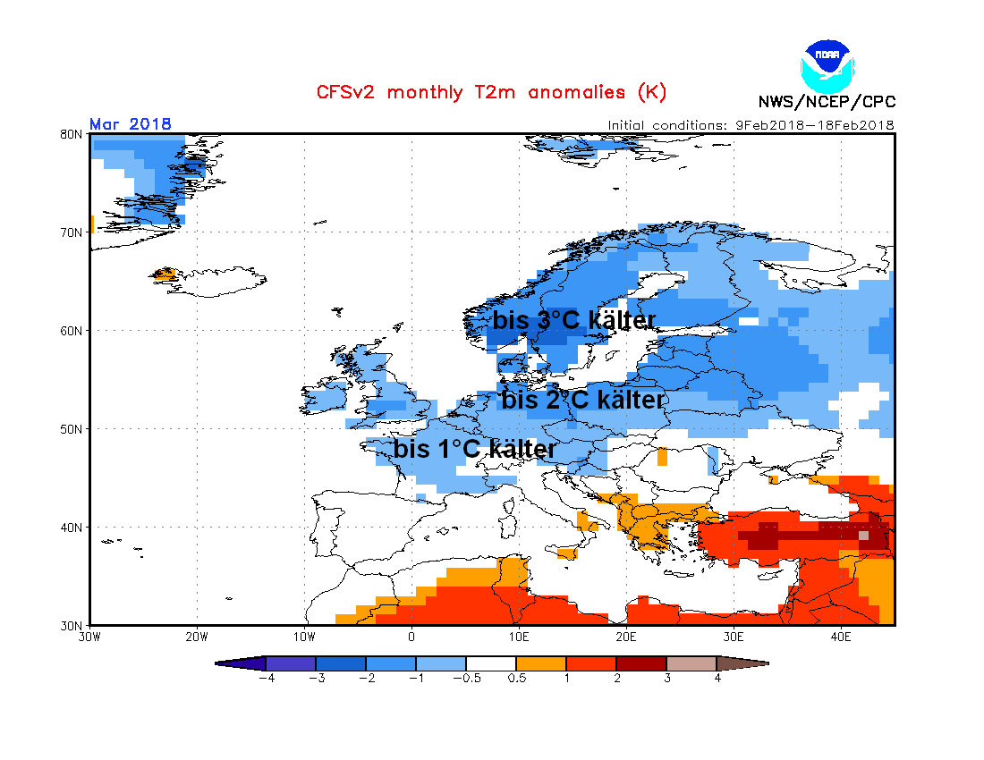 Der US-Wetterdienst NOAA hat seinen Klimatrend für den März deutlich nach unten korrigiert, in weiten Teilen Europas und auch in Deutschland könnte der März demnach deutlich kälter als normal ausfallen: