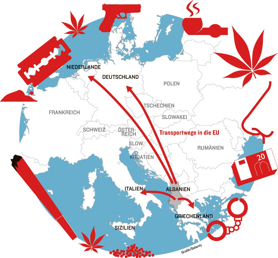 Die Grafik zeigt, wie die Drogen von Albanien zu uns gelangen.  