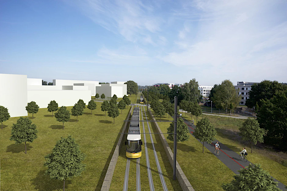 So soll die Trasse aussehen, wenn sie fertig ist: Begrünte Gleise und eine elastische Lagerung der Gleise sollen die Geräusche der Straßenbahnen dämpfen.  