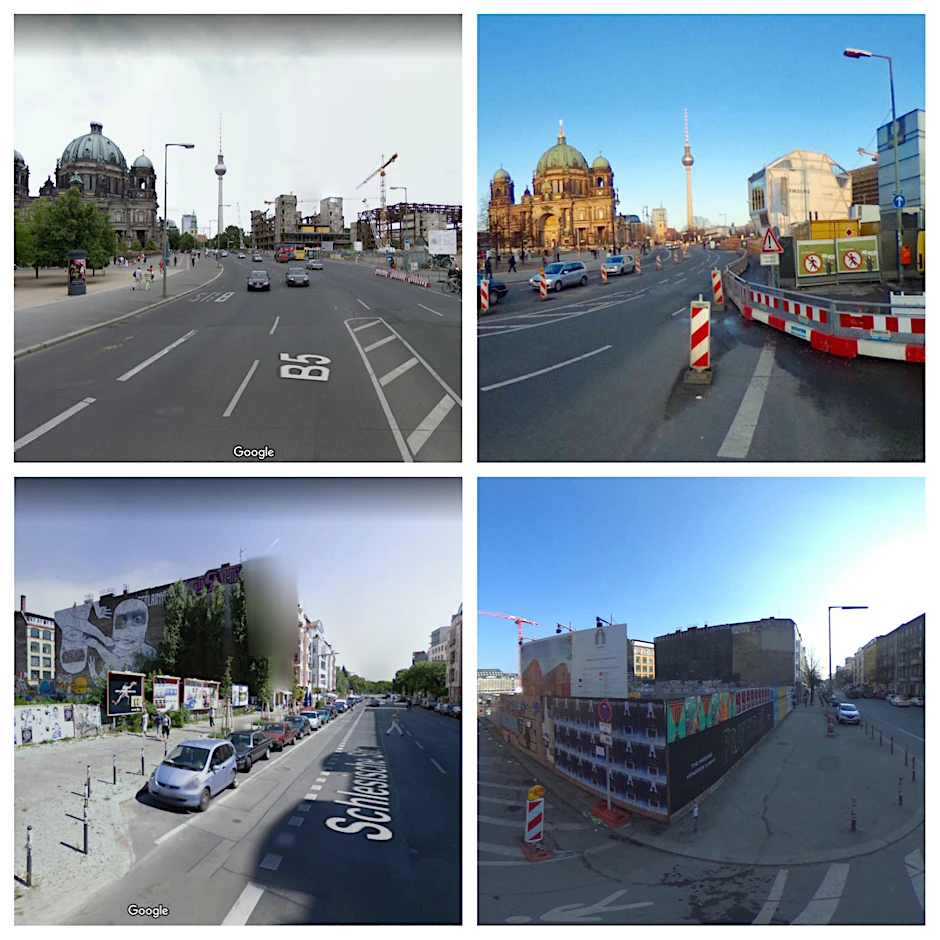 Auf unserer Collage ist die Straße Unter den Linden zu sehen: Die linke Aufnahme stammt aus dem Jahr 2008, auf der rechten (2018) ist der Palast der Republik dem Stadtschloss und der Humboldt-Box gewichen.