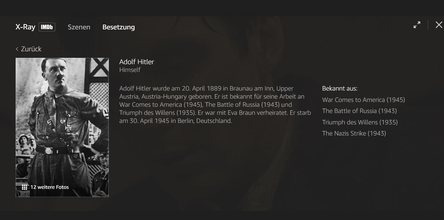 Die Kurz-Biografie von Adolf Hitler, die in der Amazon-Online-Videothek zum Film „Operation Anthropoid“ zu lesen ist. Sie wirkt wie eine harmlose Film-Star-Info. Kein Wort über seine Verbrechen.