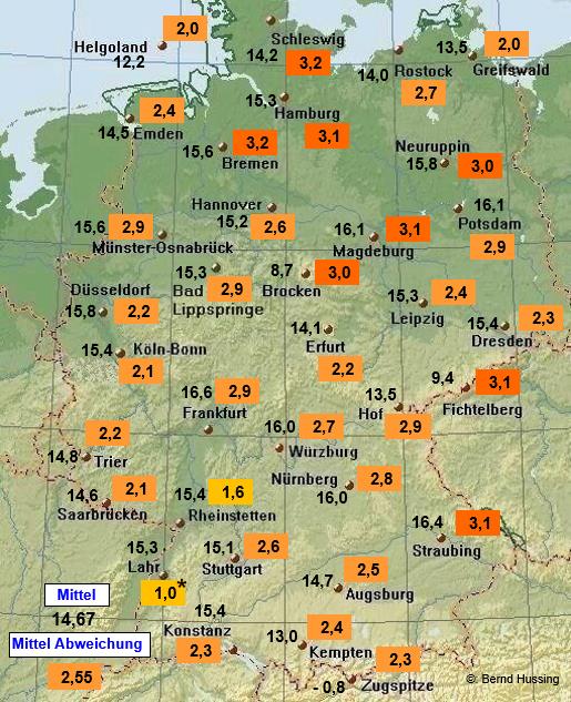 Der Meterologe Bernd Hussing zeigt auf dieser Grafik die aktuelle Abweichung des Monats vom langjährigen Mittel - in unserer Region ist der Mai bis dato fast drei Grad zu warm.