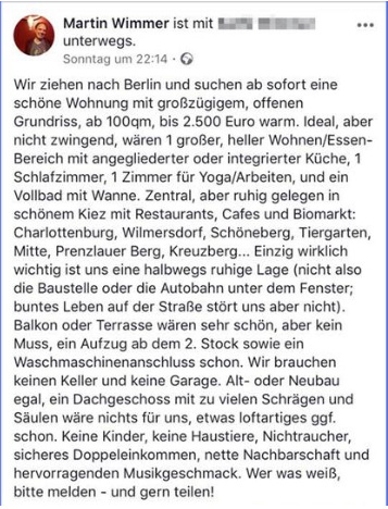 Mit einem peinlichen Facebook-Eintrag sucht Martin Wimmer nach einer Edel-Wohnung in Berlin.