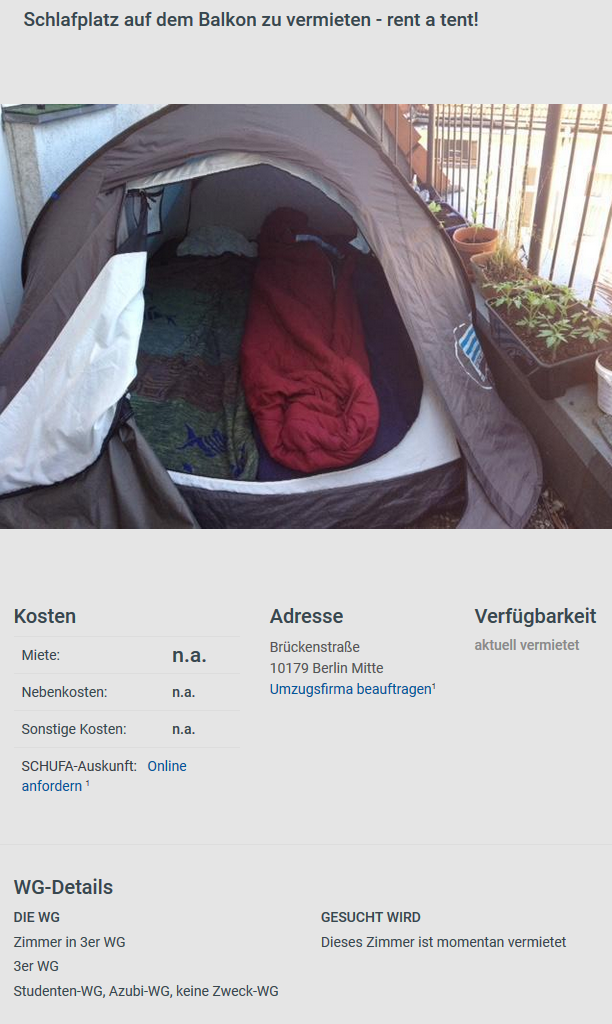 Der Schlafplatz auf dem Balkon ist nicht mehr verfügbar - die Originalanzeige im Internet schon.